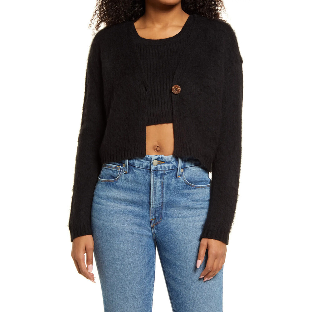 BP. Women's Crop Cardigan Soft Fuzzy Black Size M Made In USA